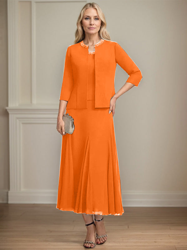 Separates A-line Scoop Tea-Length Chiffon Mother of the Bride Dress With Sequins Beading