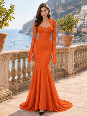 Long-Sleeve Lace-Trimmed Mermaid Evening Dress