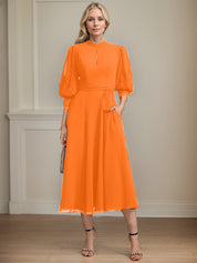 A-line High Neck Tea-Length Lace Chiffon Mother of the Bride Dress With Bow