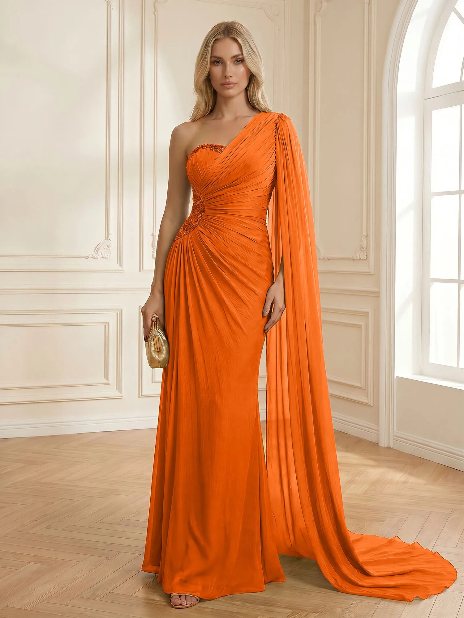 Sage Green One Shoulder Beaded Evening Gown with Cape Sleeve