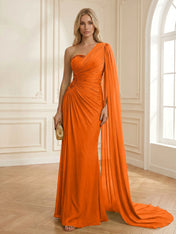 Sage Green One Shoulder Beaded Evening Gown with Cape Sleeve