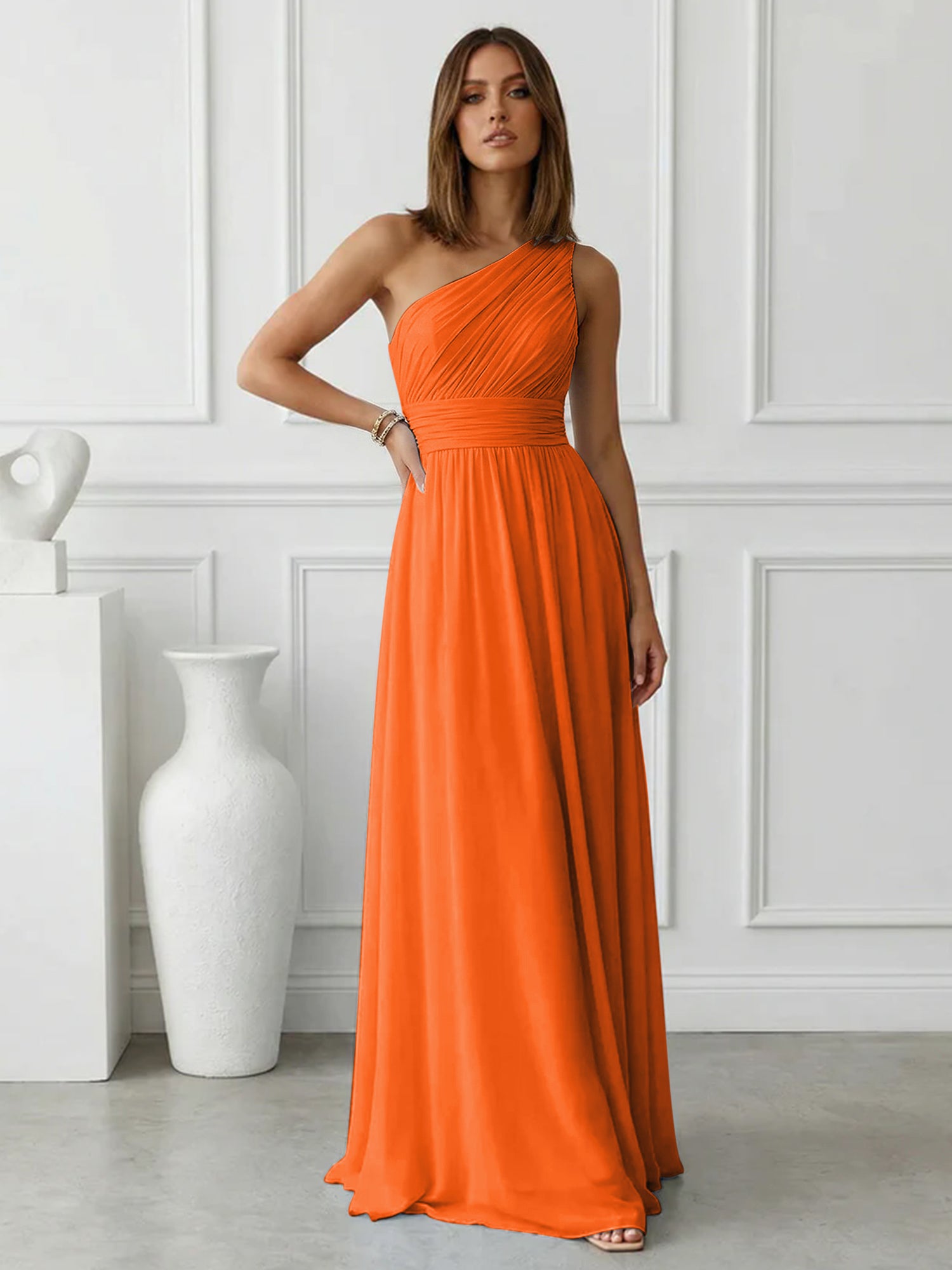 Timeless Light Blue One-Shoulder Maxi Dress Ruched Chiffon Gown