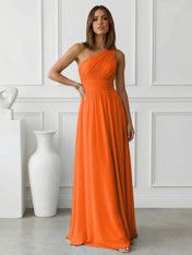 Timeless Light Blue One-Shoulder Maxi Dress Ruched Chiffon Gown