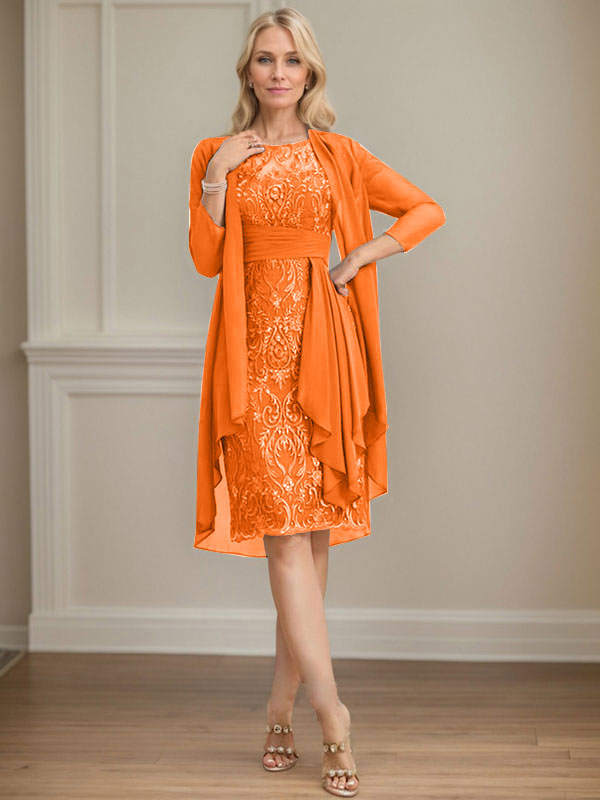 Column Scoop Illusion Knee-Length Lace Chiffon Mother of the Bride Dress With Cascading Ruffles Sequins