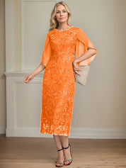 Sheath/Column Scoop Tea-Length Lace Chiffon Mother of the Bride Dress