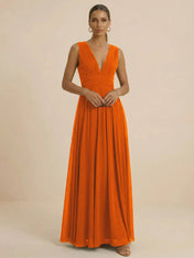 Teal Pleated V-Neck Chiffon Evening Gown with Ruched