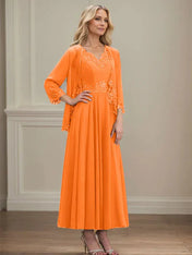 A-line V-Neck Ankle-Length Chiffon Mother of the Bride Dress With Sequins Appliques Lace Beading