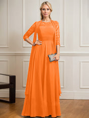 A-line Scoop Illusion Floor-Length Lace Chiffon Mother of the Bride Dress With Pleated