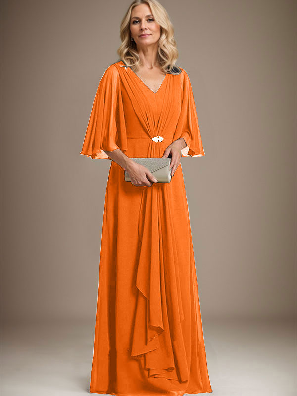 A-line V-Neck Floor-Length Chiffon Mother of the Bride Dress With Cascading Ruffles Crystal Brooch