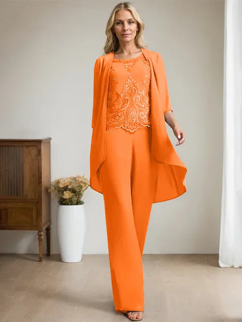 Pantsuit Scoop Floor-Length Chiffon Lace Mother of the Bride Dress With Beading Sequins