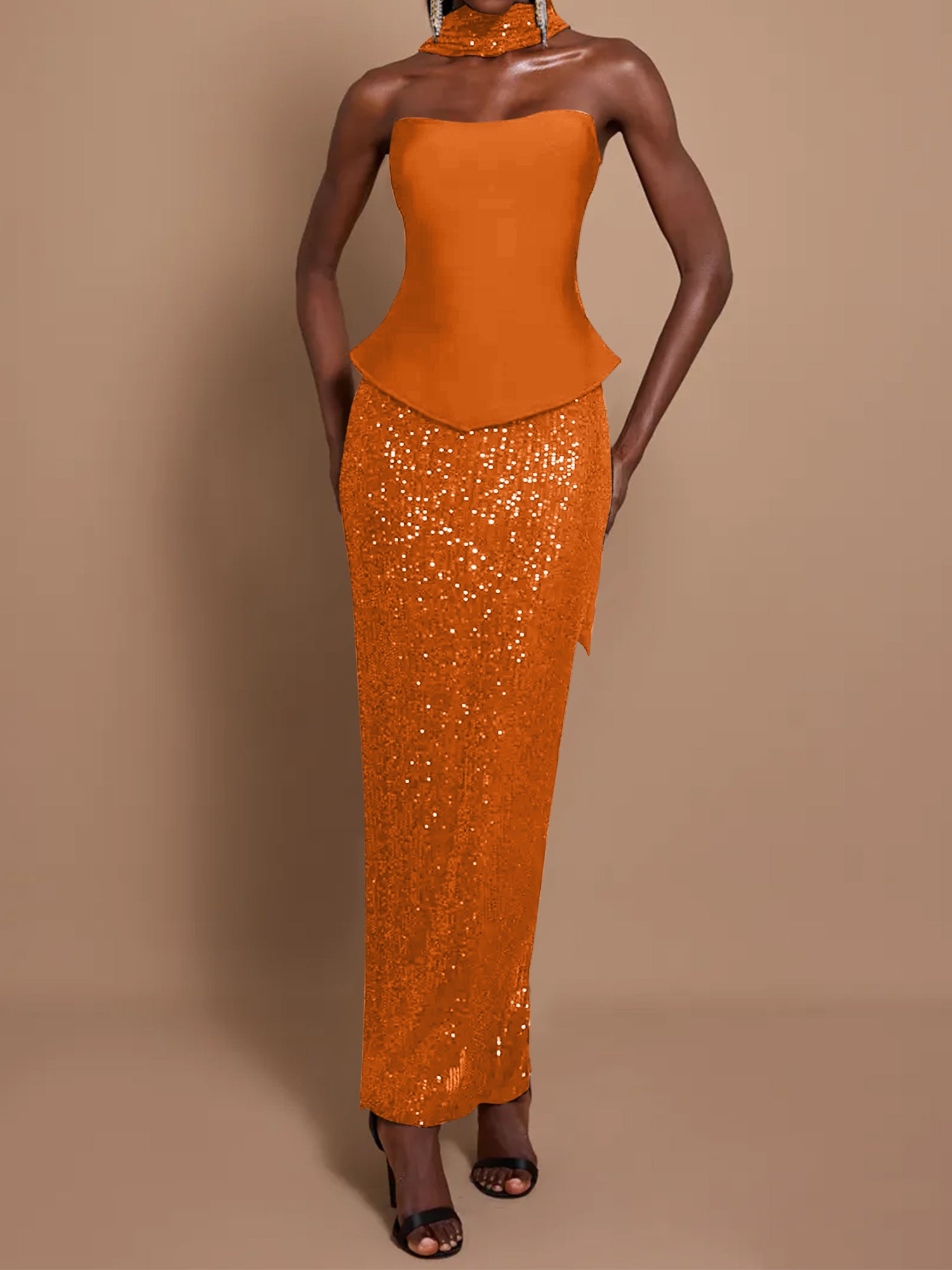 Off-Shoulder Bandage Top & Sequin Midi Skirt Set