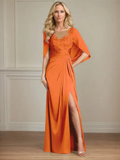 Sheath/Column Satin Scoop Neck Cap Sleeves Floor Length Mother Of The Bride Dresses