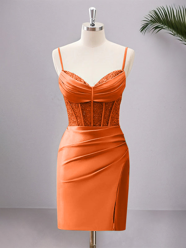 Spaghetti Straps Bodycon Corset Satin Homecoming Dress with Slit