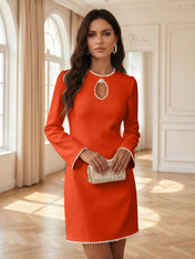 White Pearl Hollow Out Classic Crew Neck Long Sleeve Shift Mini Dress Gown
