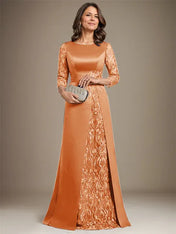 A-Line Scoop Floor-Length Lace Satin Mother Of the Bride Dress With Applique