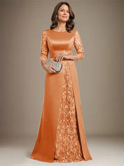 Robe de mère de la mariée en satin et dentelle, coupe trapèze, longueur au sol, avec appliques 