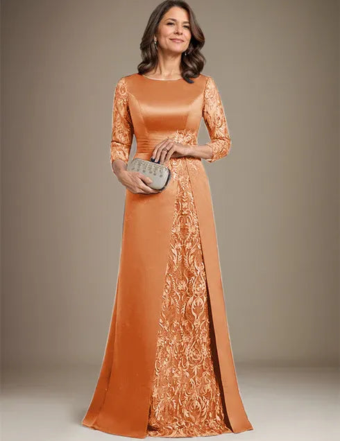 Robe de mère de la mariée en satin et dentelle, coupe trapèze, longueur au sol, avec appliques 