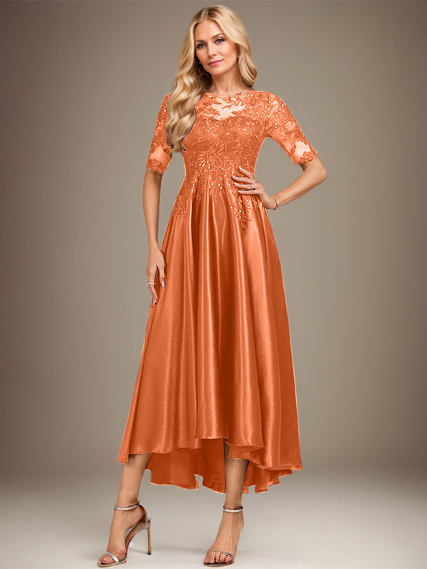 A-line Scoop Illusion Asymmetrical Stretch Satin Lace Mother of the Bride Dress With Sequins