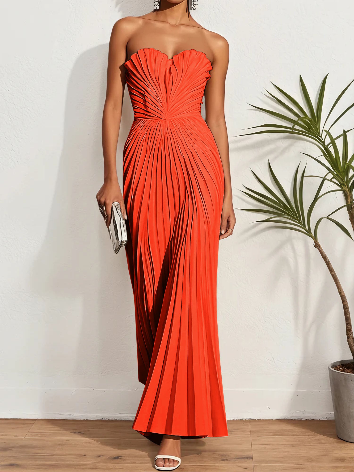 White Pleated Classic Strapless Sleeveless A-Line Maxi Dress