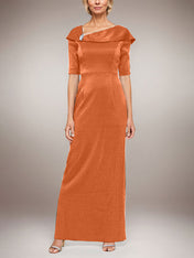Long Shimmer Column Dress with Foldover Cuff L-Neckline and Elbow Sleeves
