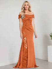 A-Line Off the Shoulder Floor-Length Mother of the Bride Dress Applique Beadings Mermaid Dress With  High Split