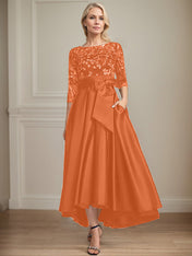A-line Scoop Illusion Asymmetrical Satin Lace Mother of the Bride Dress With Bow