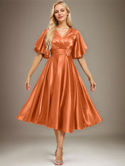 A-line V-Neck Tea-Length Stretch Satin Mother of the Bride Dress With Beading Pleated