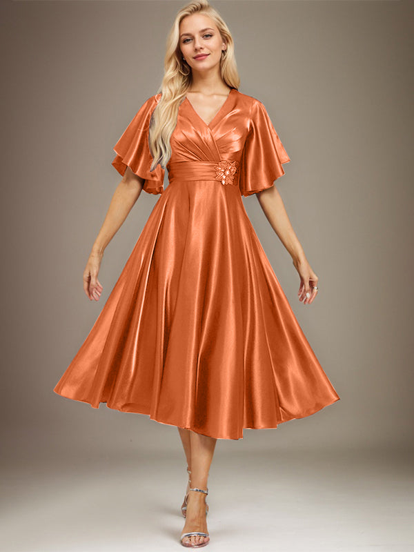 A-line V-Neck Tea-Length Stretch Satin Mother of the Bride Dress With Beading Pleated