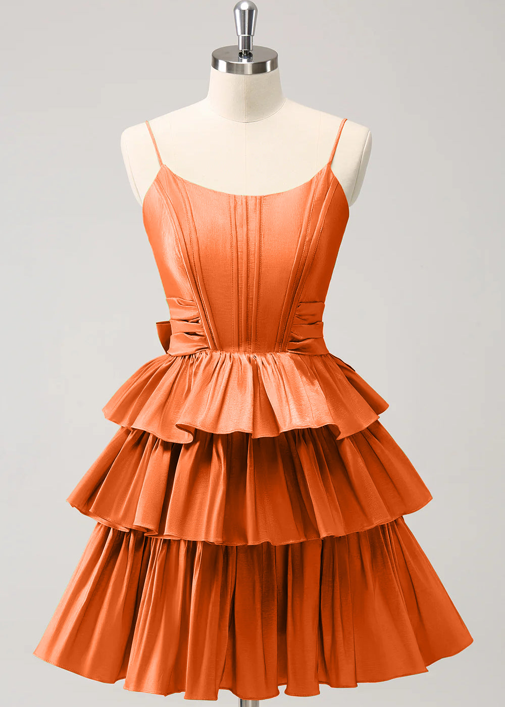 Hot Pink A Line Spaghetti Straps Corset Tiered Ruffle Homecoming Dress with Bow