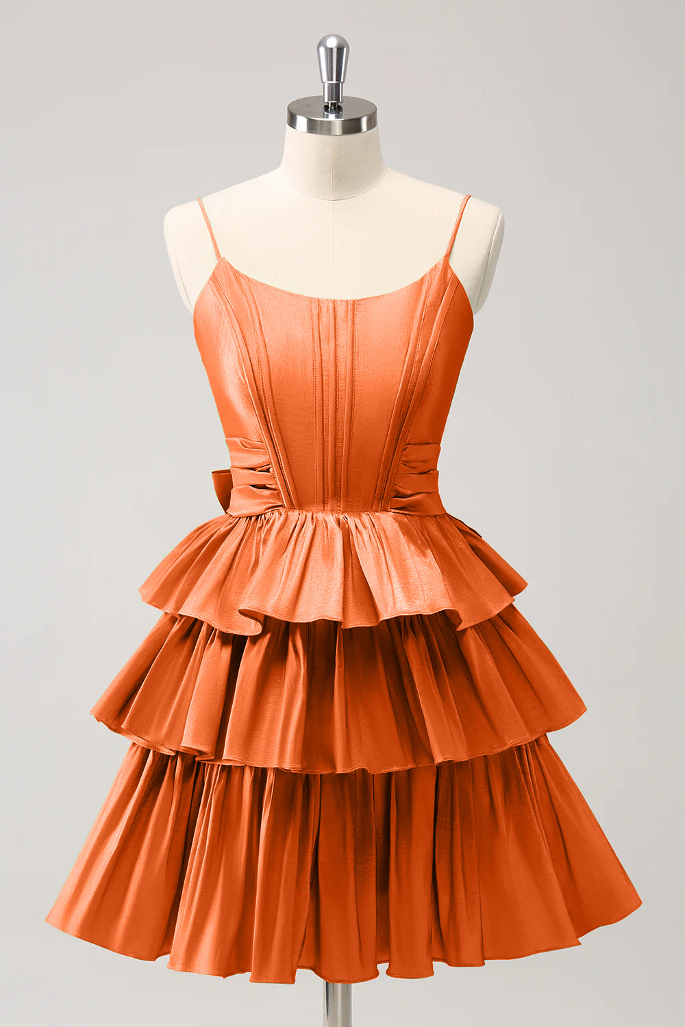 Hot Pink A Line Spaghetti Straps Corset Tiered Ruffle Homecoming Dress with Bow