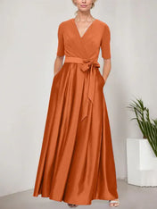 Surplice Neckline Ballgown with Full Satin Skirt & Jersey Bodice