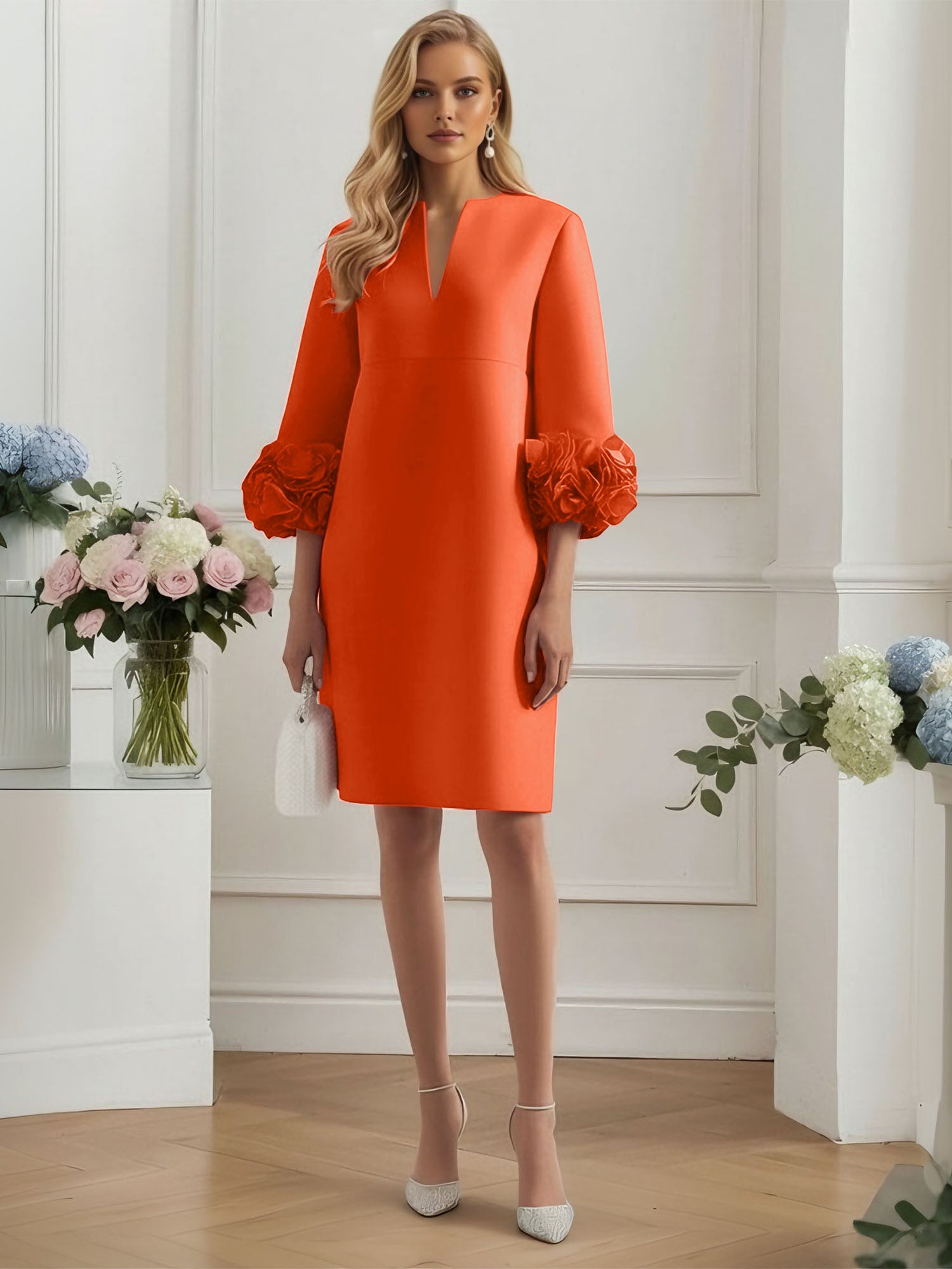 3D Floral Classic Notched Long Sleeve A-Line Midi Dress