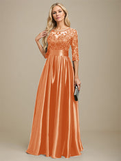 A-line Scoop Illusion Floor-Length Stretch Satin Lace Mother of the Bride Dress With Bow Sequins