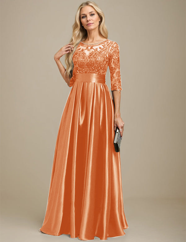 A-line Scoop Illusion Floor-Length Stretch Satin Lace Mother of the Bride Dress With Bow Sequins