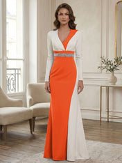 Elegant Navy & White Color-Block Long Sleeve Floor-Length Evening Gown Formal Dresses