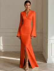 Formal Yellow V Neck Long Sleeves Floor Length Dress With Slit