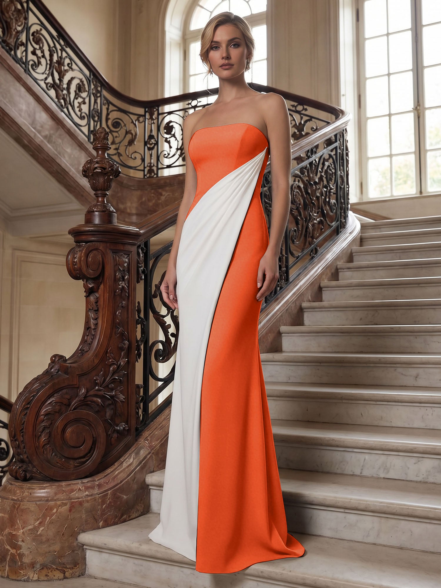 Black White Sheath Strapless Elegant Maxi Formal Dress