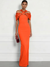 Regal Plum Crepe Column Gown with Satin Criss-Cross Halter Maxi Dress