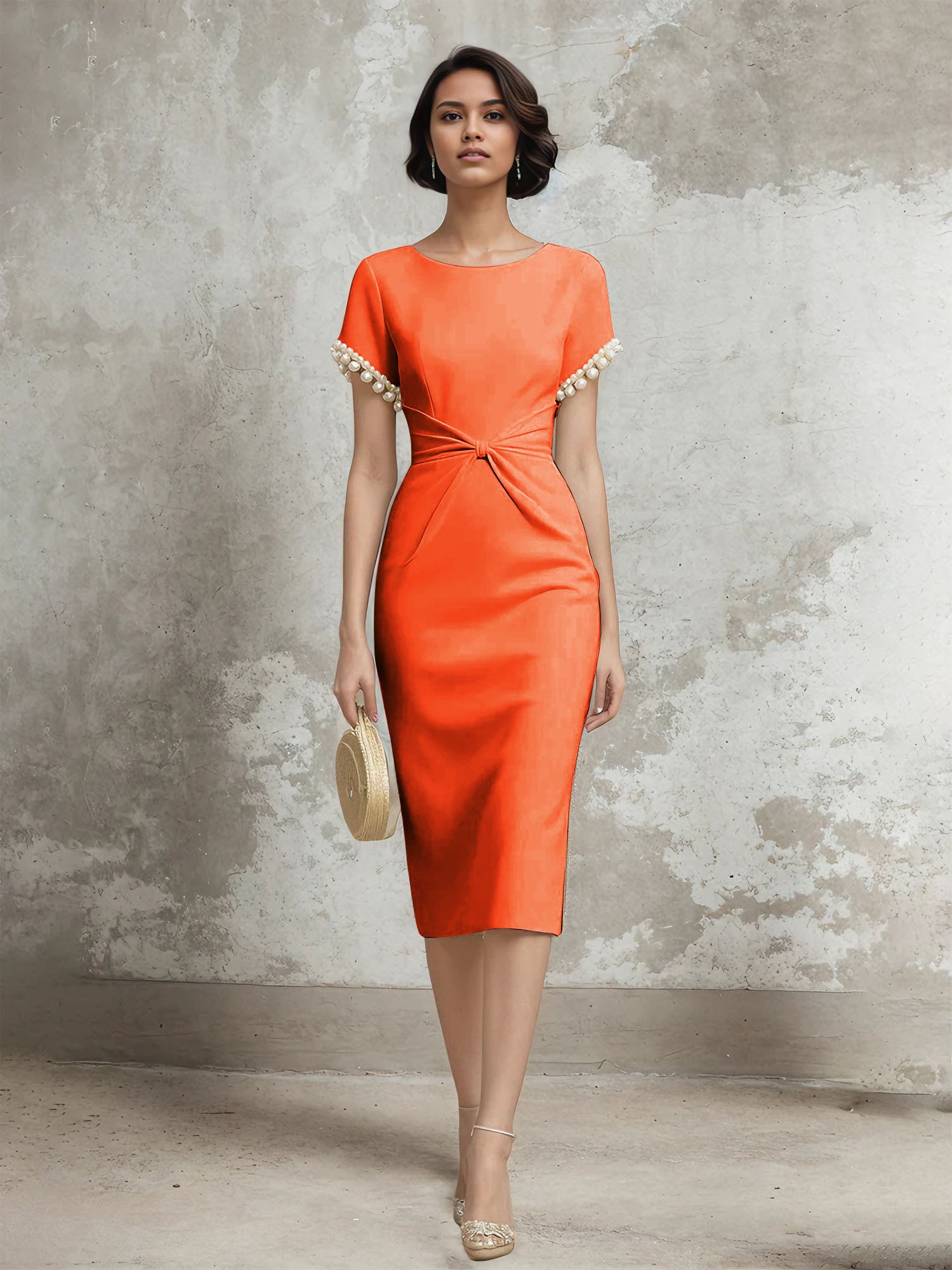 White Stretch Crepe Sheath/Column Short Sleeve Tea Length Dress With Pearls