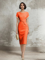 White Stretch Crepe Sheath/Column Short Sleeve Tea Length Dress With Pearls