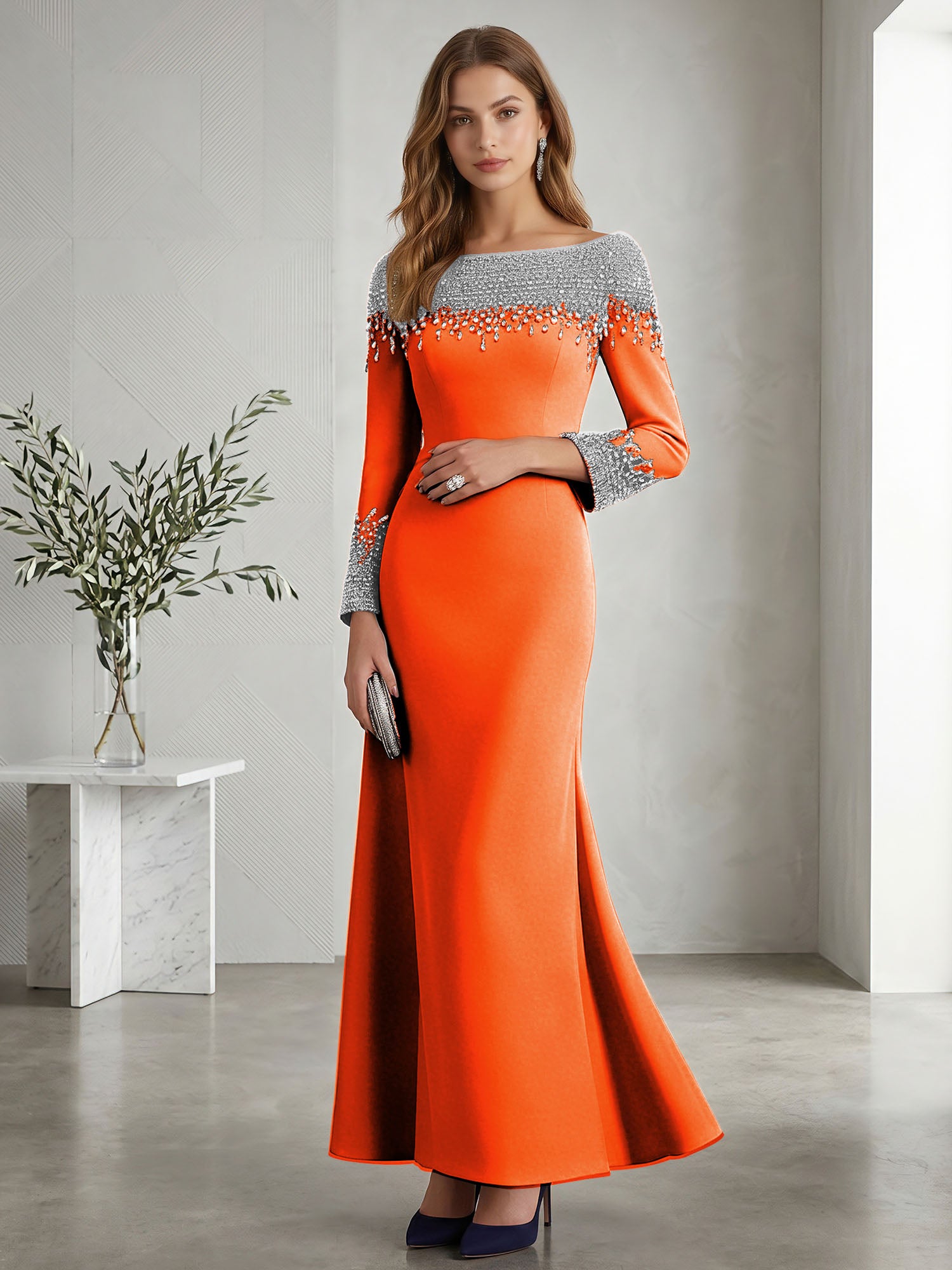 Formal Evening Dress Midnight Navy Velvet Long Sleeves Maxi Dress with Crystal