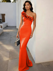 Navy Blue 3D Floral Classic One Shoulder Sleeveless Mermaid Gown Dress