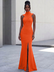 High-Neck Cross-Bodice Sleeveless Maxi Dress