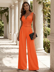 Women Pink Lace Deep V Neck Sleeveless Dressy Jumpsuit
