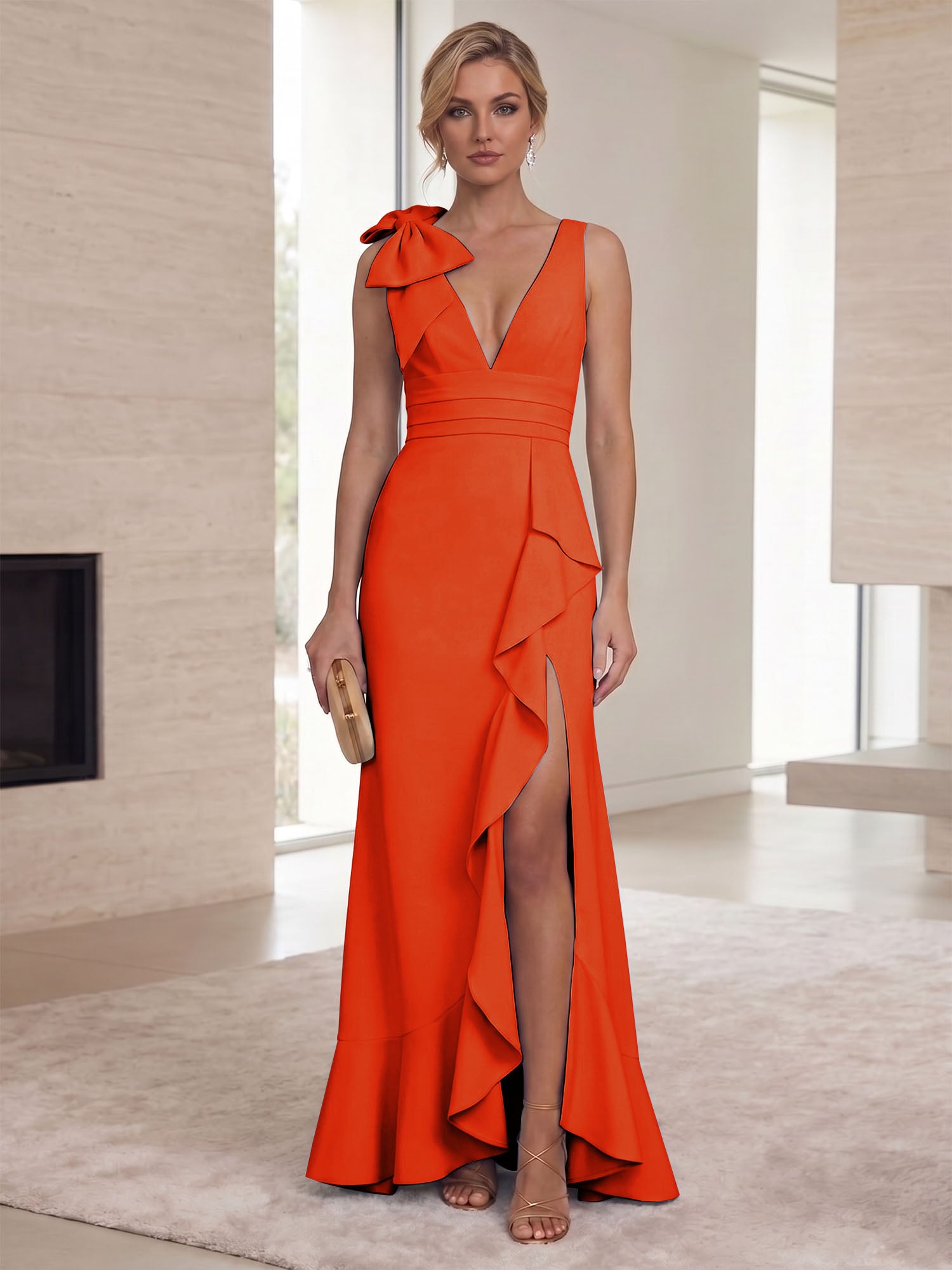 Ice Blue Bow-Accent Ruffle Slit Gown Formal Evening Dress