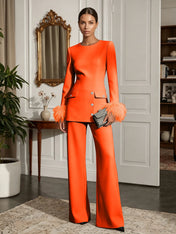 Women's White Two-Piece Set: Buckle Detail Feather-Trimmed Top & Straight-Leg Pants