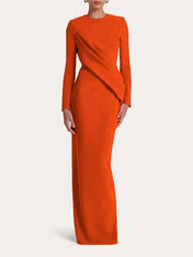Red Sheath/Column Scoop Long Sleeves Chiffon Floor-Length Ruffles Formal Dress