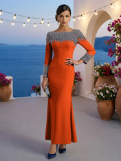 Formal Evening Dress Blue Velvet Long Sleeves Maxi Dress with Crystal