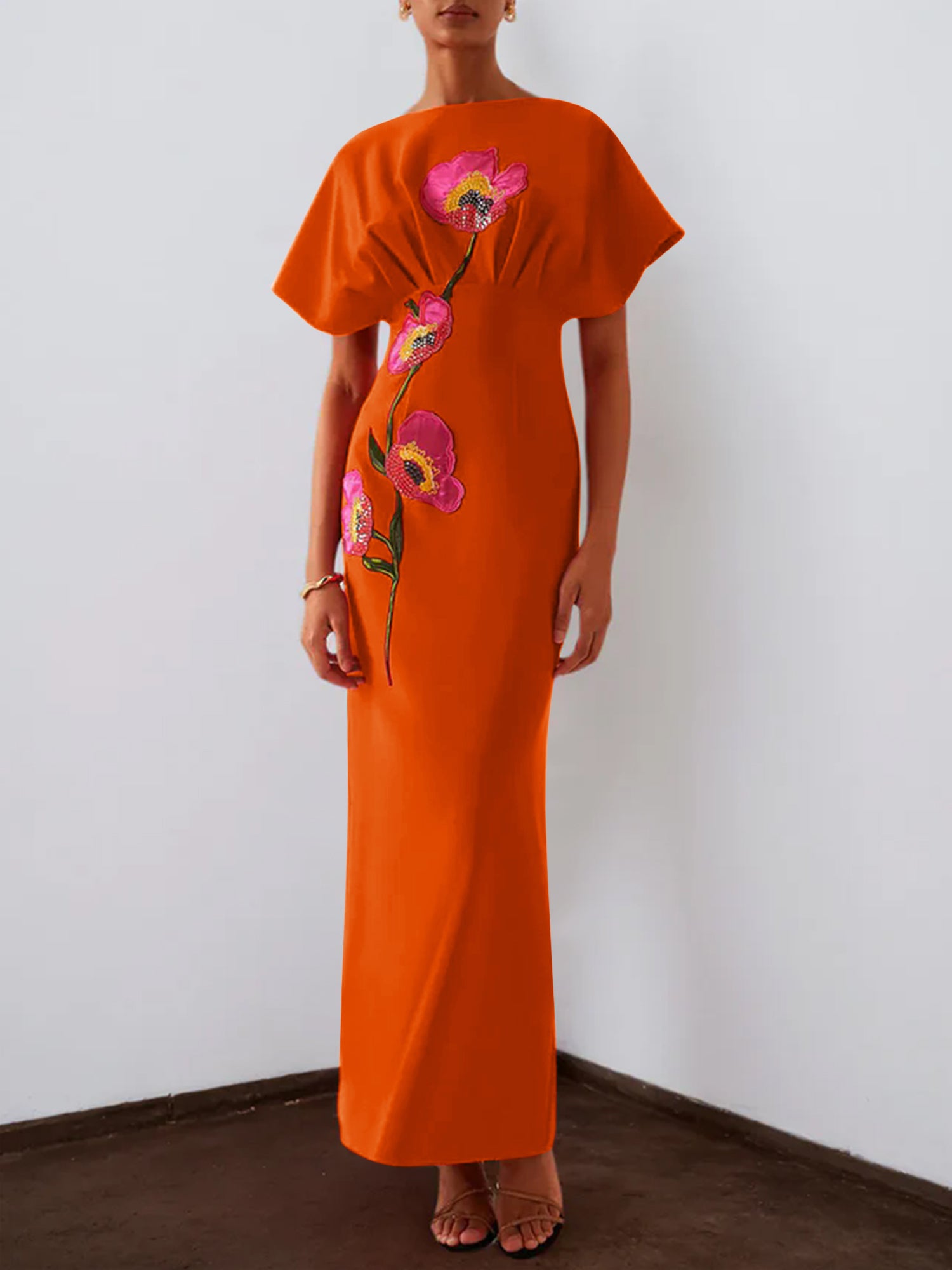 Red 3D Floral Appliqué Boat Neck Short Sleeve Backless Sheath Maxi Dress