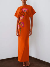 Red 3D Floral Appliqué Boat Neck Short Sleeve Backless Sheath Maxi Dress
